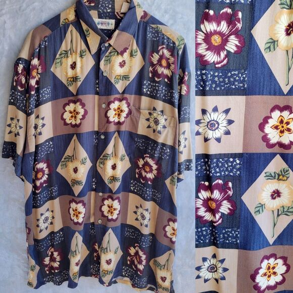 Vintage CAMPIA MODA Color Block Floral Print Button Down Shirt Size XL Neutral - Picture 1 of 8